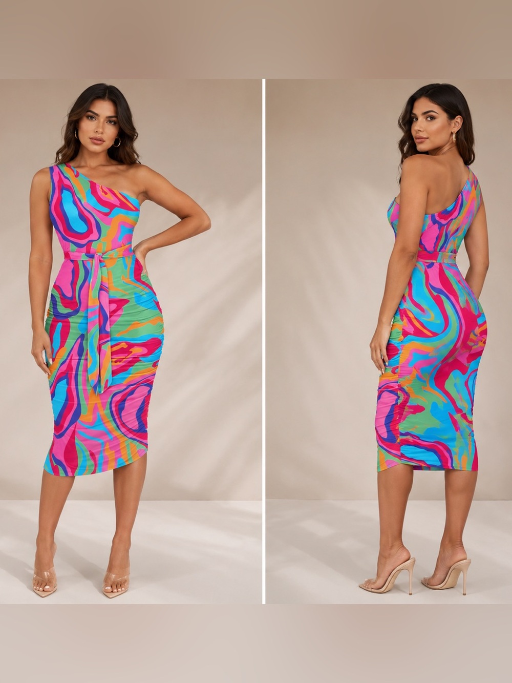 ChicMe Multicolor Abstract Swirl One Shoulder Ruched Bodycon Midi Dress